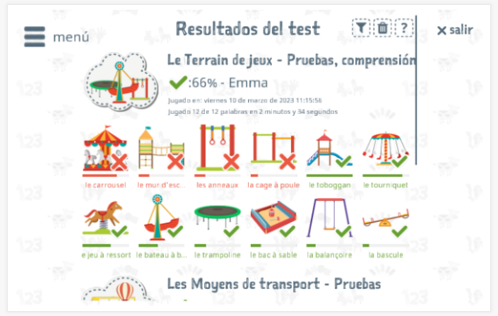 Los resultados de las pruebas proporcionan información sobre el conocimiento del vocabulario del tema Área de juegos