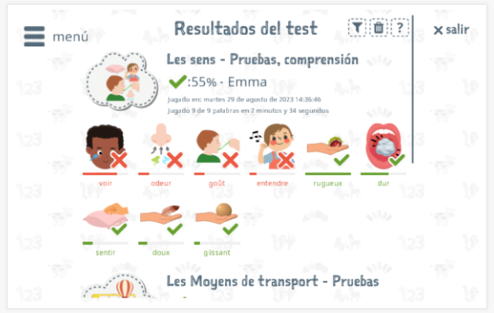 Los resultados de las pruebas proporcionan información sobre el conocimiento del vocabulario del tema Sentidos