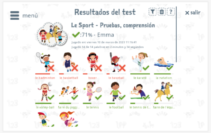 Los resultados de las pruebas proporcionan información sobre el conocimiento del vocabulario del tema Deporte