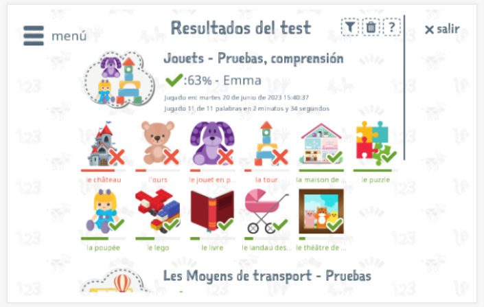 Los resultados de las pruebas proporcionan información sobre el conocimiento del vocabulario del tema Juguetes