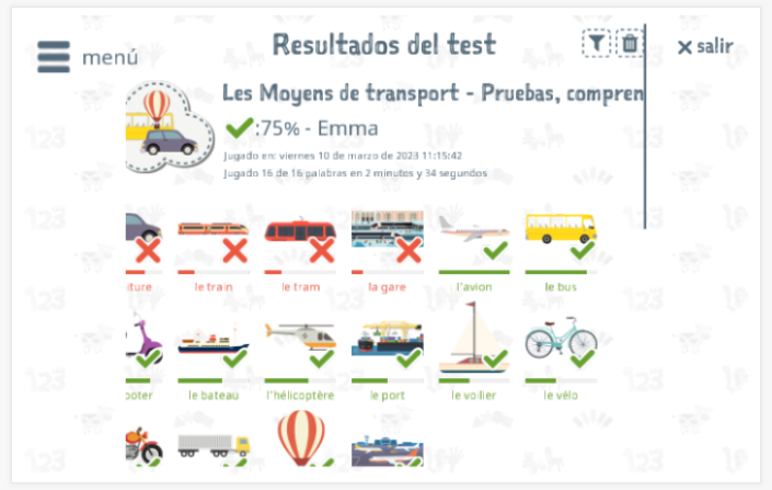 Los resultados de las pruebas proporcionan información sobre el conocimiento del vocabulario del tema Transporte