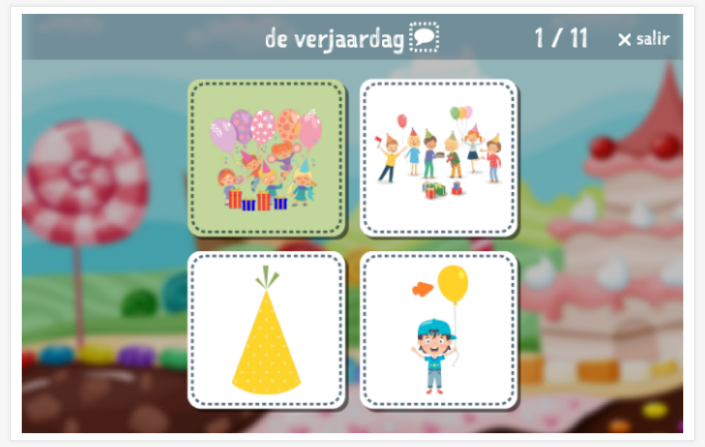 Prueba de idioma (lectura y comprensión auditiva) del tema Fiesta de la aplicación holandés para niños