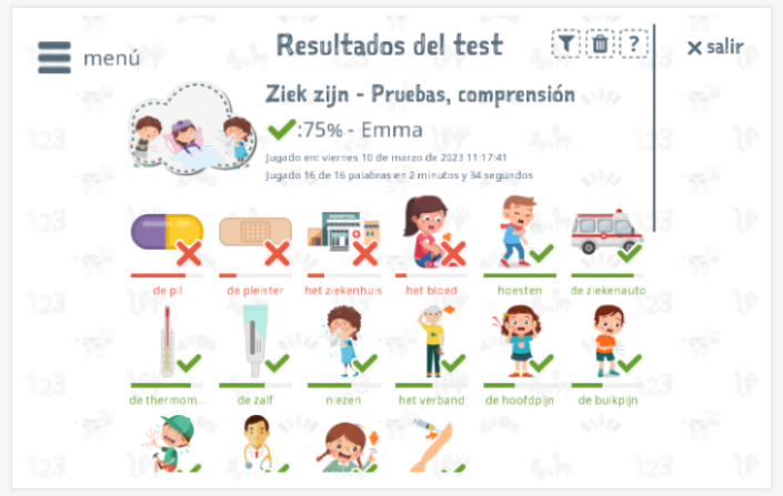 Los resultados de las pruebas proporcionan información sobre el conocimiento del vocabulario del tema Estar enfermo