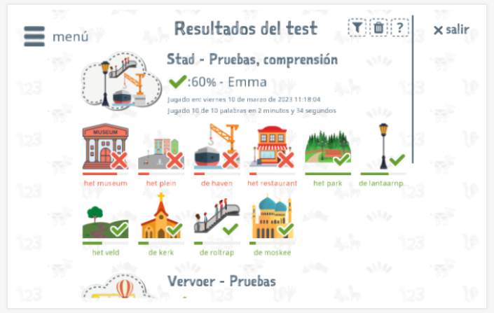 Los resultados de las pruebas proporcionan información sobre el conocimiento del vocabulario del tema Ciudad
