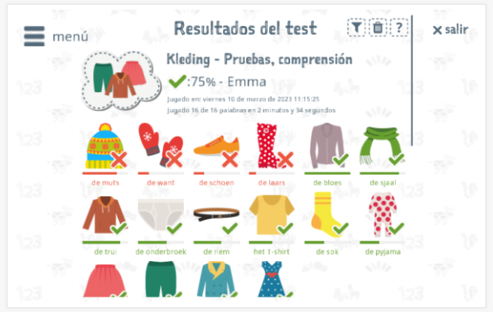 Los resultados de las pruebas proporcionan información sobre el conocimiento del vocabulario del tema Ropa