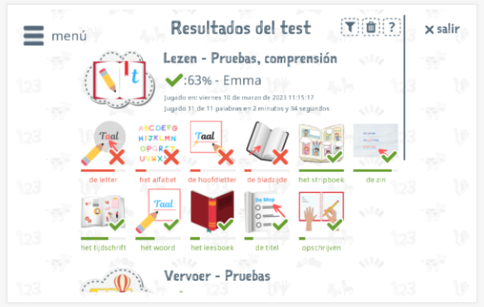 Los resultados de las pruebas proporcionan información sobre el conocimiento del vocabulario del tema Leer