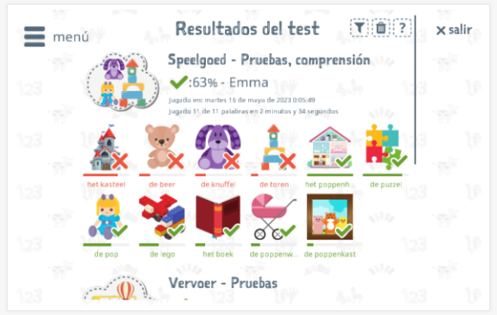 Los resultados de las pruebas proporcionan información sobre el conocimiento del vocabulario del tema Juguetes