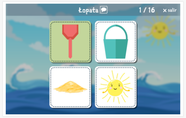 Prueba de idioma (lectura y comprensión auditiva) del tema Playa de la aplicación polaco para niños
