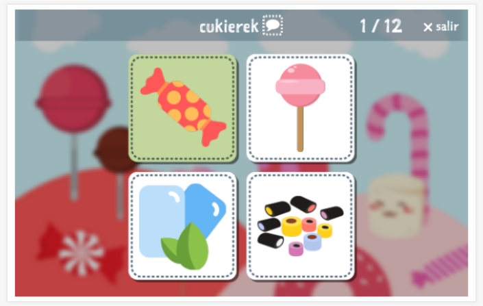 Prueba de idioma (lectura y comprensión auditiva) del tema Caramelo de la aplicación polaco para niños