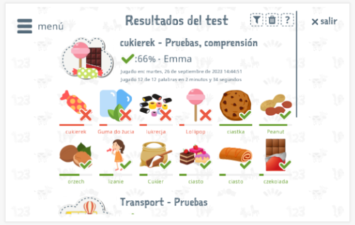 Los resultados de las pruebas proporcionan información sobre el conocimiento del vocabulario del tema Caramelo