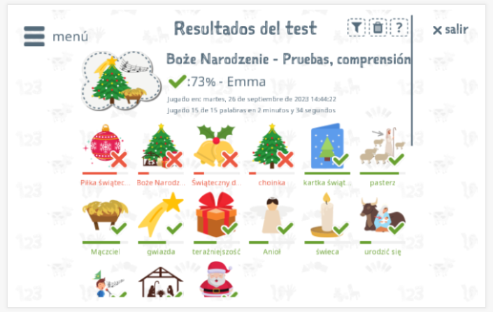 Los resultados de las pruebas proporcionan información sobre el conocimiento del vocabulario del tema Navidad