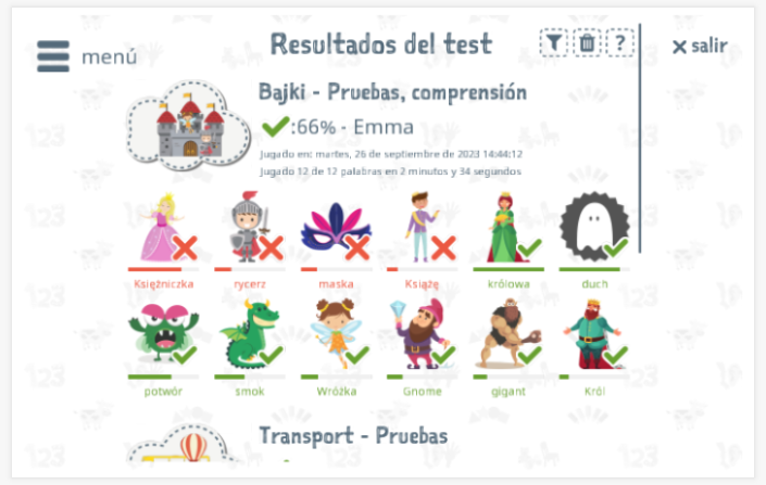 Los resultados de las pruebas proporcionan información sobre el conocimiento del vocabulario del tema Cuentos de hadas