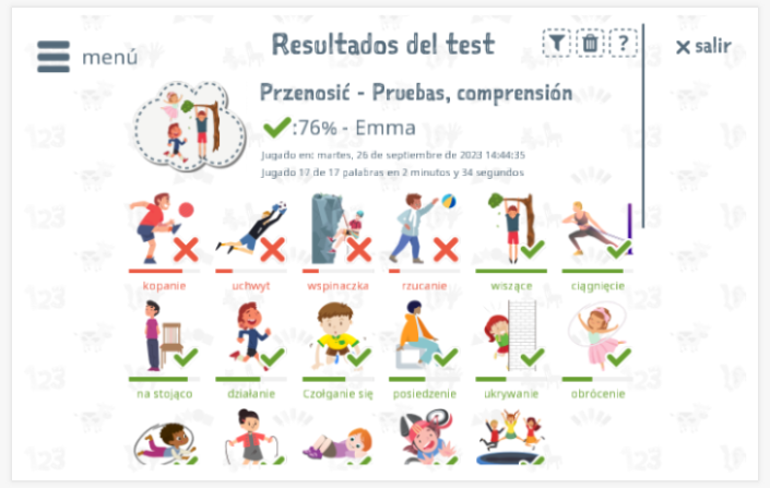 Los resultados de las pruebas proporcionan información sobre el conocimiento del vocabulario del tema Mover