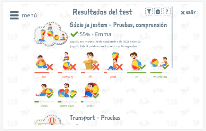 Los resultados de las pruebas proporcionan información sobre el conocimiento del vocabulario del tema Dónde estoy