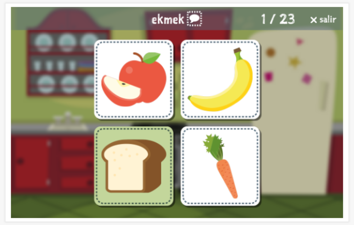 Prueba de idioma (lectura y comprensión auditiva) del tema Comidas y bebidas de la aplicación turco para niños