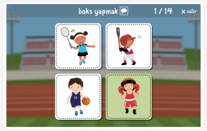 Prueba de idioma (lectura y comprensión auditiva) del tema Deporte de la aplicación turco para niños