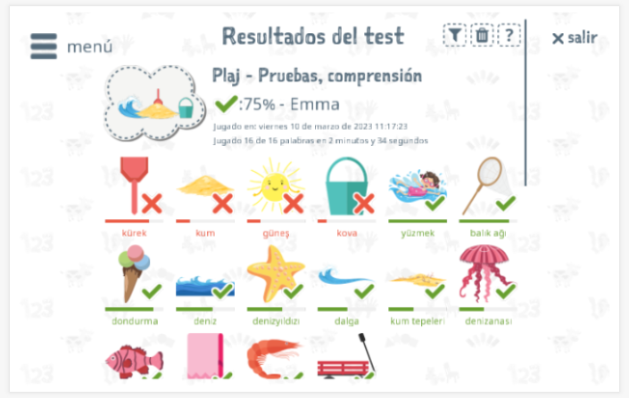 Los resultados de las pruebas proporcionan información sobre el conocimiento del vocabulario del tema Playa