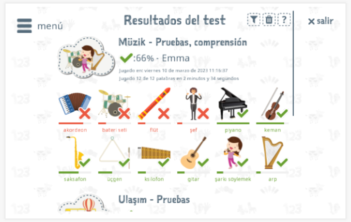Los resultados de las pruebas proporcionan información sobre el conocimiento del vocabulario del tema Música