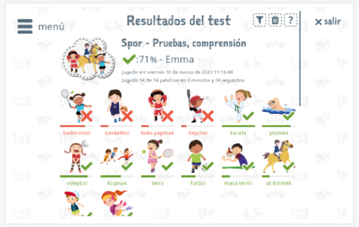 Los resultados de las pruebas proporcionan información sobre el conocimiento del vocabulario del tema Deporte