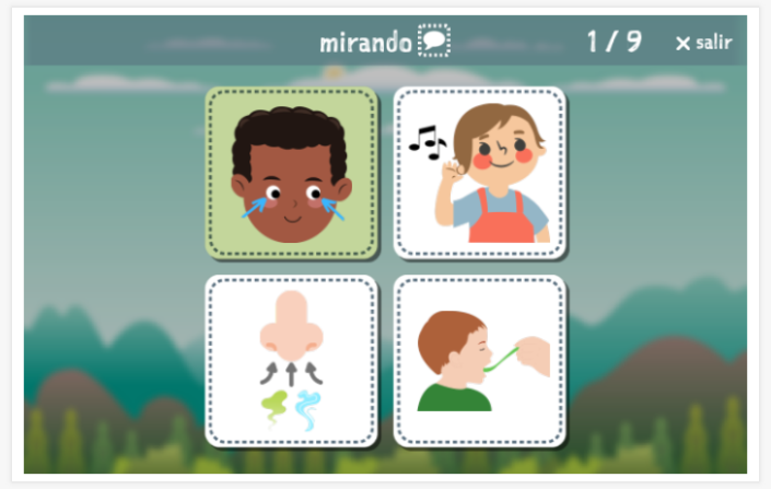 Prueba de idioma (lectura y comprensión auditiva) del tema Sentidos de la aplicación español para niños