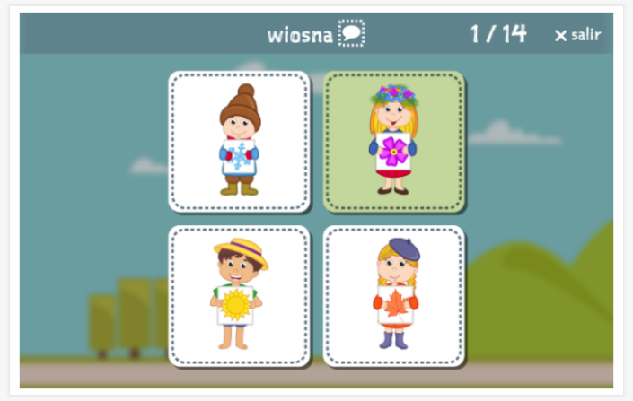 Prueba de idioma (lectura y comprensión auditiva) del tema Estaciones y clima de la aplicación polaco para niños