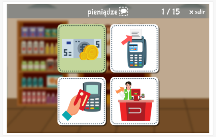 Prueba de idioma (lectura y comprensión auditiva) del tema Compras de la aplicación polaco para niños