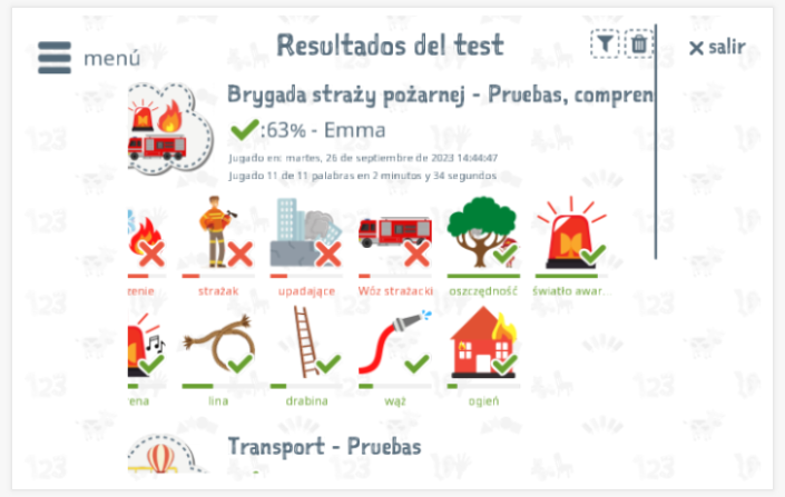 Los resultados de las pruebas proporcionan información sobre el conocimiento del vocabulario del tema Bomberos
