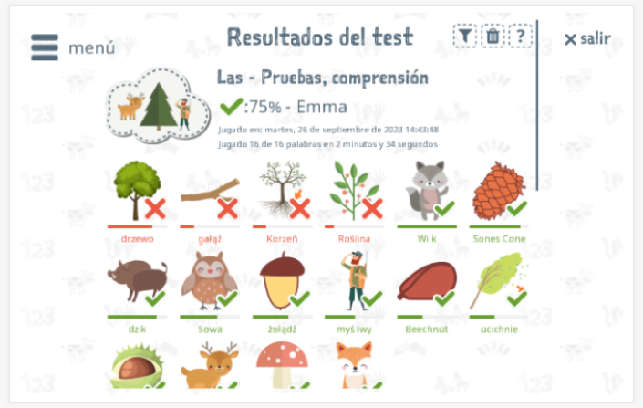 Los resultados de las pruebas proporcionan información sobre el conocimiento del vocabulario del tema Bosque