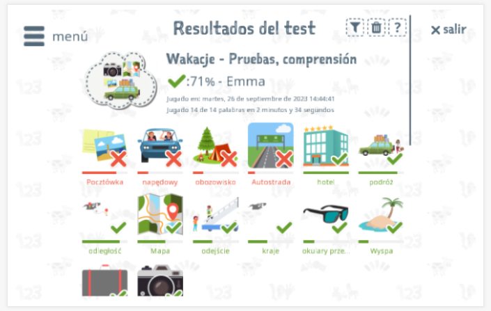 Los resultados de las pruebas proporcionan información sobre el conocimiento del vocabulario del tema Vacaciones